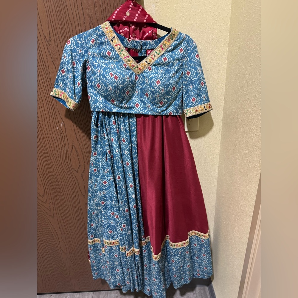 Blue maroon lengha choli cotton fabric